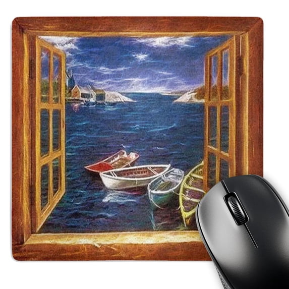 3dRose, Boats through window sill frame with houses , MousePad