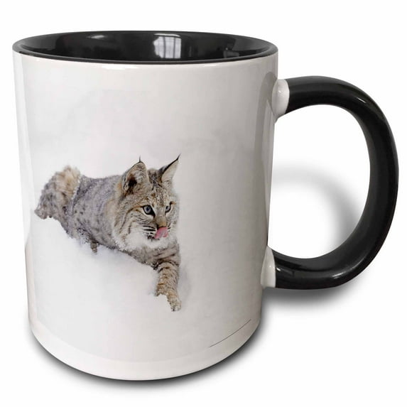 3drose, Bobcat in Snow, Lynx Rufus, Controlled Situation, Montana, 15oz Two-tone Black Mug