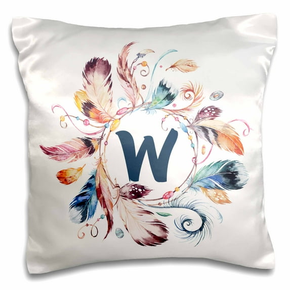 3dRose, Boho Feather Wreath With A Monogram W Initial Watercolor Design, 16x16 inch Pillow Case
