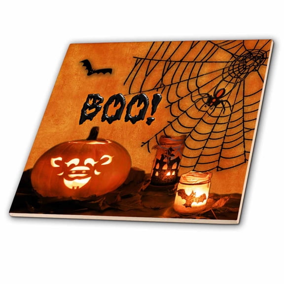 3dRose, Boo. Jack-o-lantern, bats and spiders Happy Halloween., 4 Inch Ceramic Tile