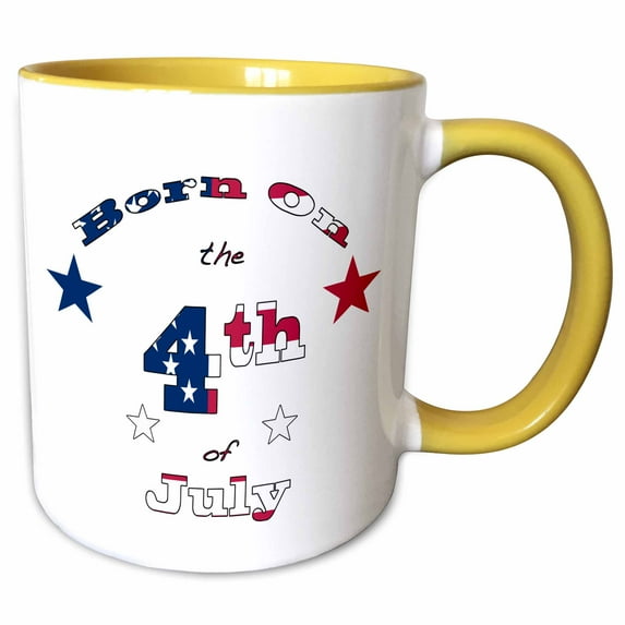 3drose, Born on the 4th of July, Patriotic Text Art for Those Whose Birthday Is July 4., 11oz Two-tone Yellow Mug