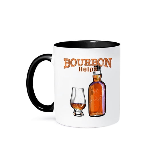 3dRose, Bourbon helps with bottle and glass for whiskey drinkers., 11oz Two-Tone Black Mug