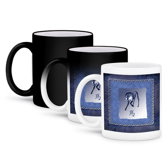 3dRose, Bowing Horse, Chinese New Year, Blue Damask Design, 11oz Magic Transforming Mug