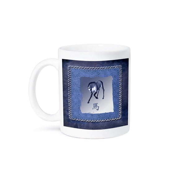 3dRose, Bowing Horse, Chinese New Year, Blue Damask Design, 11oz Mug
