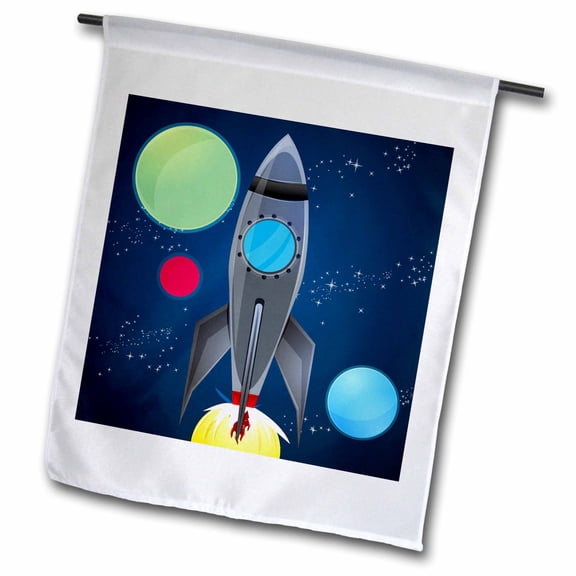 3dRose, Boys Rocket Ship With Planets Design On A Dark Blue Background, 12 x 18 inch Garden Flag