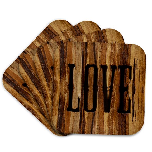3drose, Branded Wood Print Love, Set of 4 Coasters - Soft