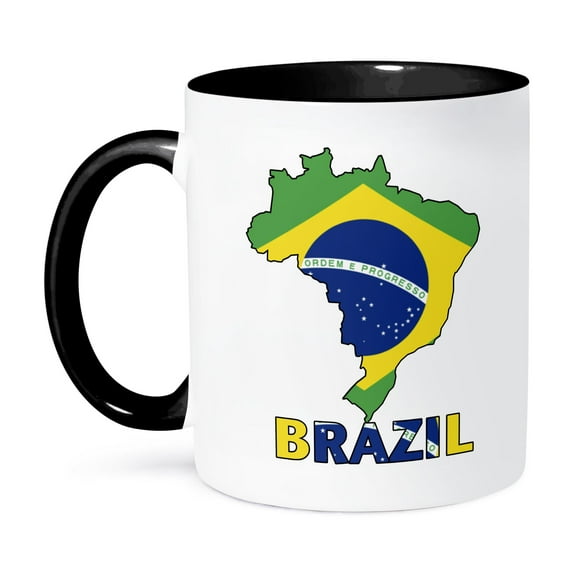 3dRose, Brazilian flag in the map and letters of Brazil, 11oz Two-Tone Black Mug