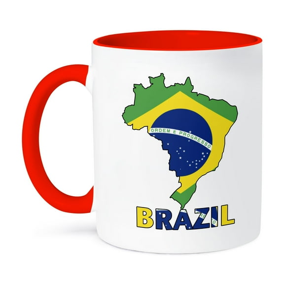 3dRose, Brazilian flag in the map and letters of Brazil, 11oz Two-Tone Red Mug