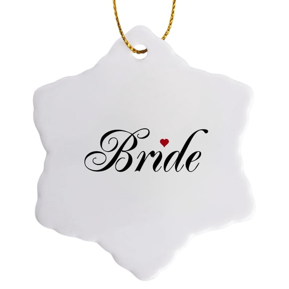 3dRose, Bride with red love heart part of a bride and groom set - wedding marriage married hen bachelorette, 3 inch Snowflake Porcelain Ornament