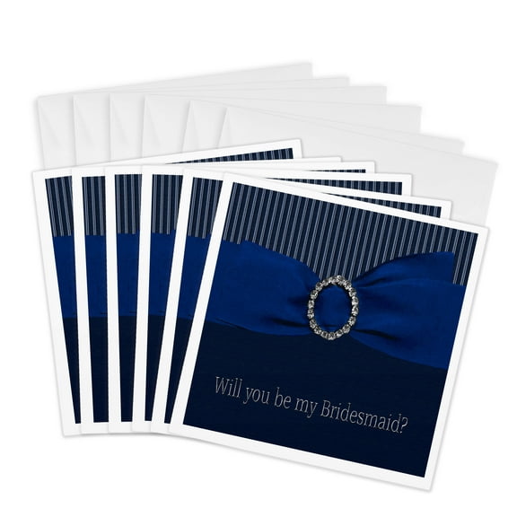 3drose, Bridesmaid, Blue Ribbon with Diamond Round Jewel Look on Stripes, 6 Greeting Cards with Envelopes