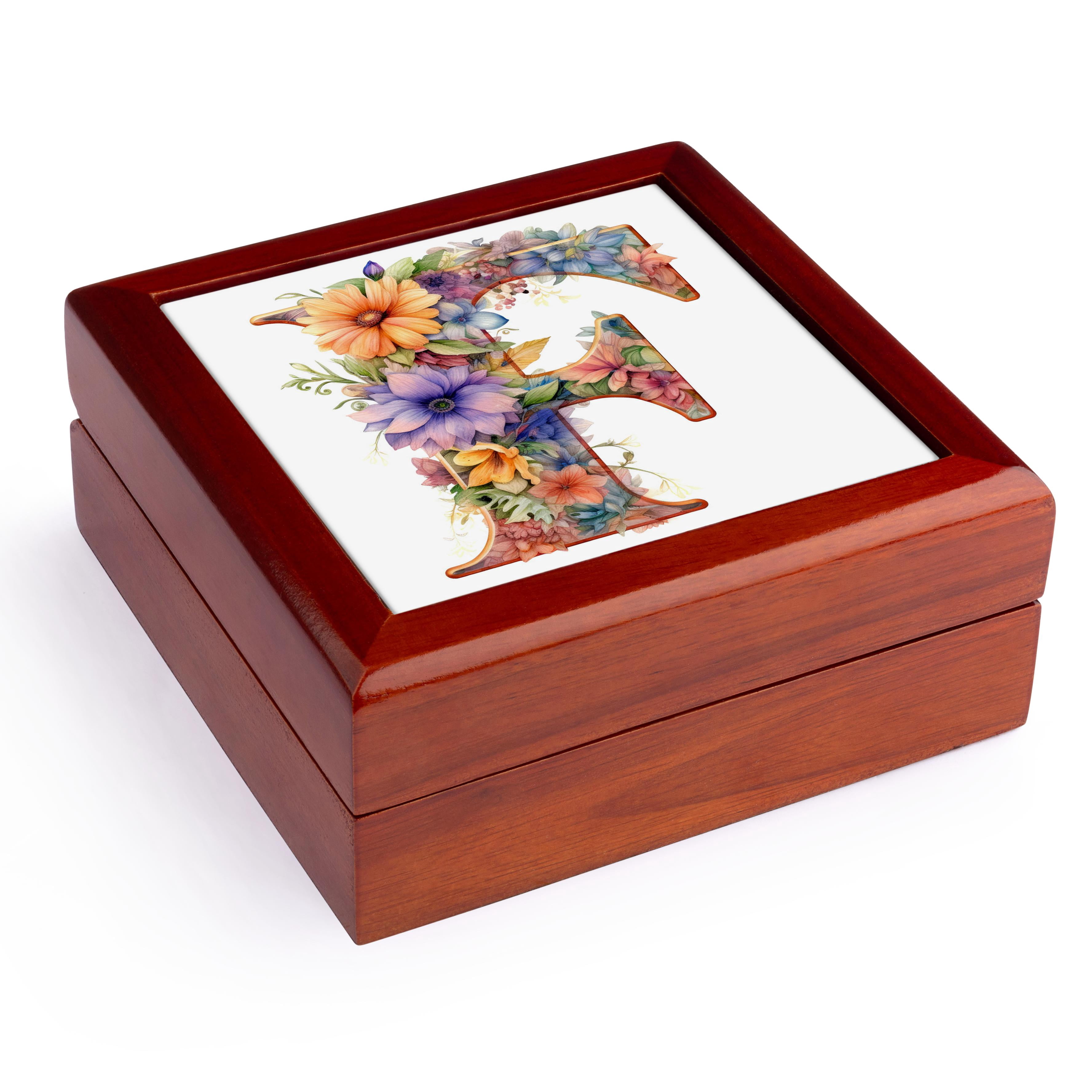 3dRose, Bright Beautiful Flower Monogram F, Jewelry Box 5.5x5.5 inch with 4 inch tile