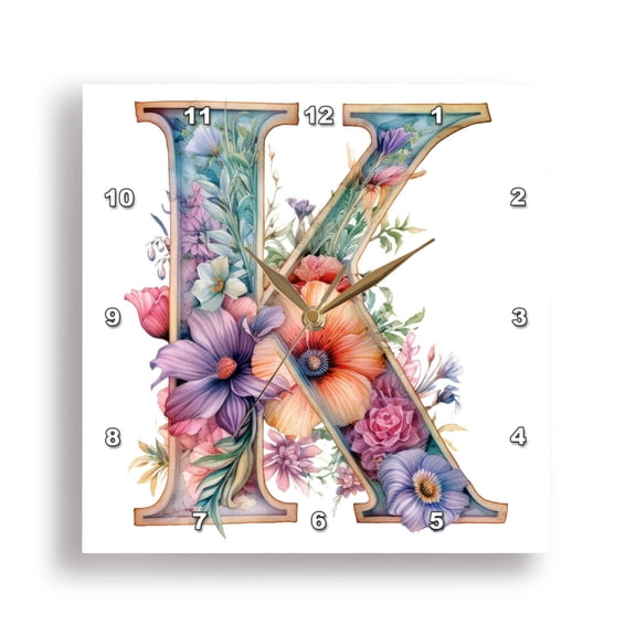 3dRose, Bright Beautiful Flower Monogram K, 15x15 Wall Clock