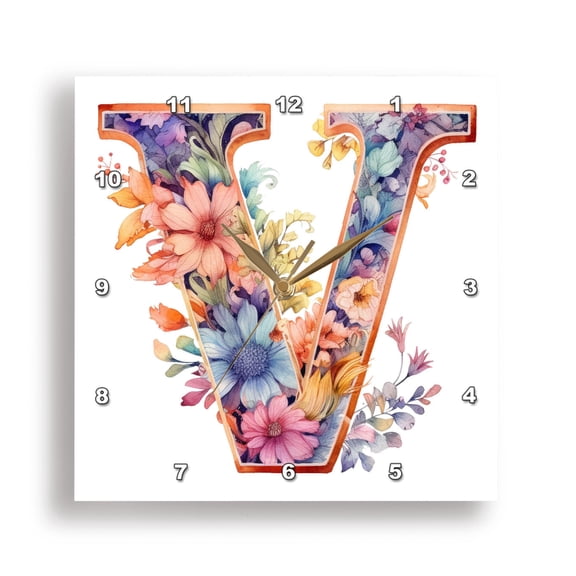 3dRose, Bright Beautiful Flower Monogram V, 15x15 Wall Clock
