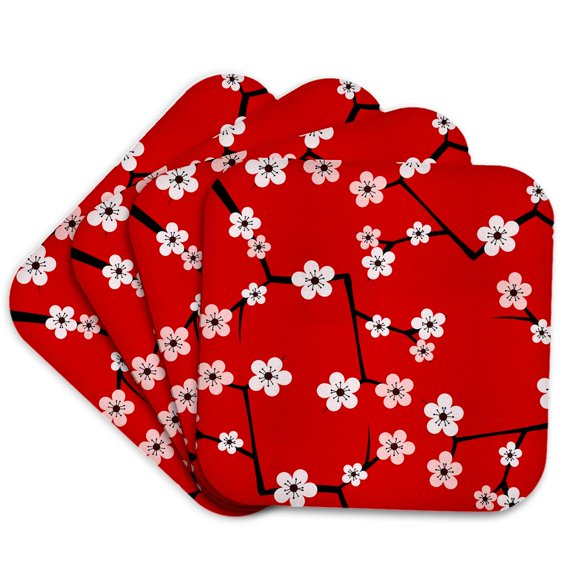 3dRose, Bright Cherry Blossoms Print - Red, Set of 4 Coasters - Soft