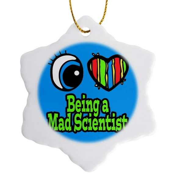 3dRose, Bright Eye Heart I Love Being a Mad Scientist, 3 inch Snowflake Porcelain Ornament