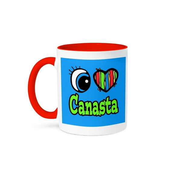 3dRose, Bright Eye Heart I Love Canasta, 11oz Two-Tone Red Mug