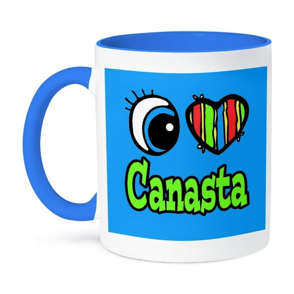 3dRose, Bright Eye Heart I Love Canasta, 15oz Two-Tone Blue Mug