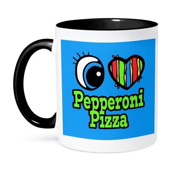 3dRose, Bright Eye Heart I Love Pepperoni Pizza, 11oz Two-Tone Black Mug