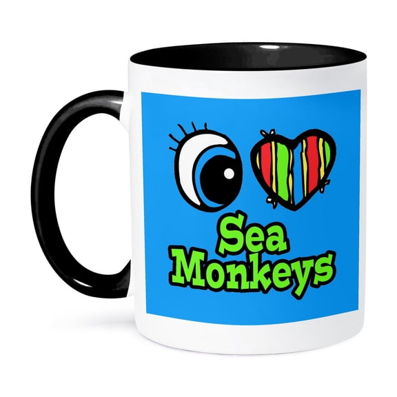 3dRose, Bright Eye Heart I Love Sea Monkeys, 11oz Two-Tone Black Mug