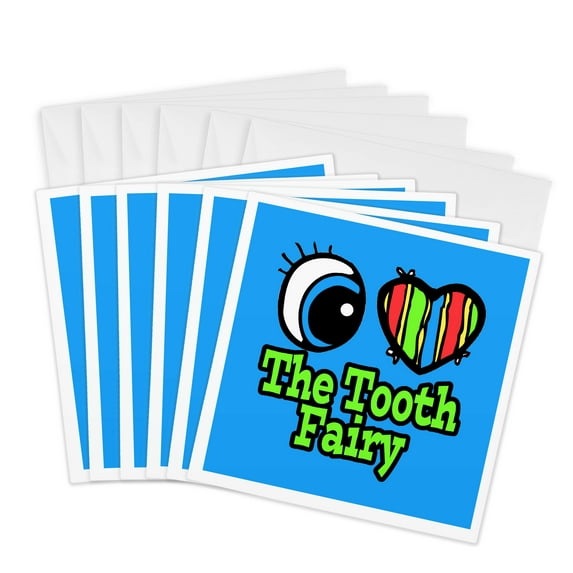 3drose, Bright Eye Heart I Love the Tooth Fairy, 6 Greeting Cards with Envelopes