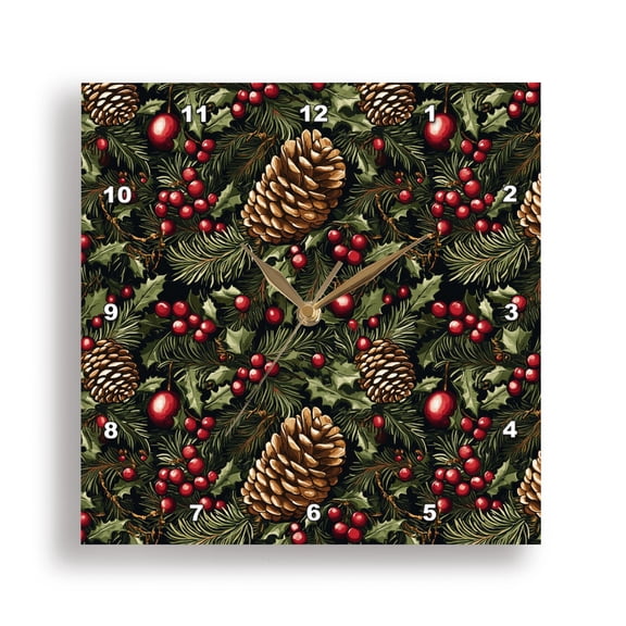 3dRose, Bright Red Berries, Pine Cones, and Greenery Christmas Pattern, 15x15 Wall Clock