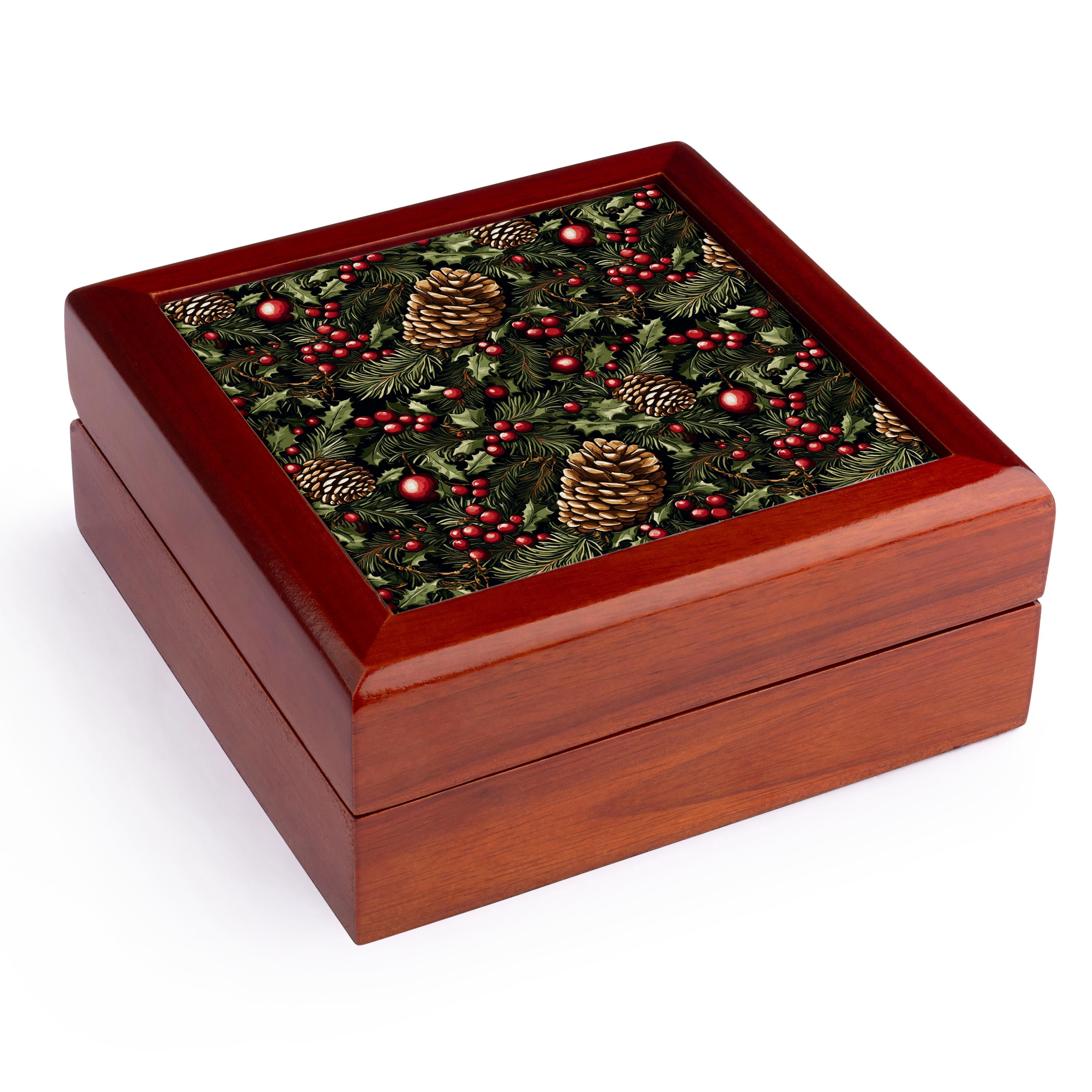 3dRose, Bright Red Berries, Pine Cones, and Greenery Christmas Pattern, Jewelry Box 5.5x5.5 inch with 4 inch tile
