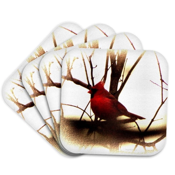 3drose, Bright Red Cardinal on Branch Vignette, Set of 4 Coasters - Soft