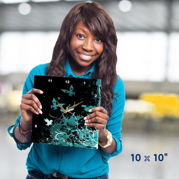 3dRose, Bright Turquoise Grunge With Flowers and Butterflies Against A Black Background, 10x10 Wall Clock