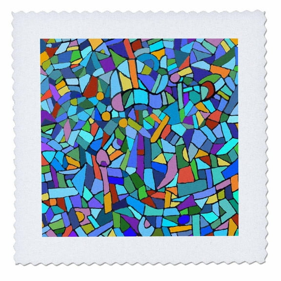 3dRose, Bright Vibrant and Colorful Blue Gaudi inspired mosaic pattern - stain glass like - multicolored, 14x14 inch quilt square