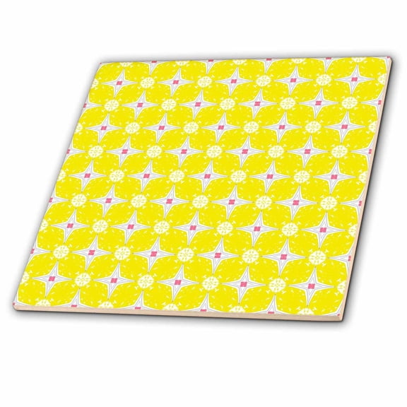 3dRose, Bright White Four Point Stars With Pink Accent Against A Soft Yellow Background Kaleidoscope Pattern, 12 Inch Ceramic Tile