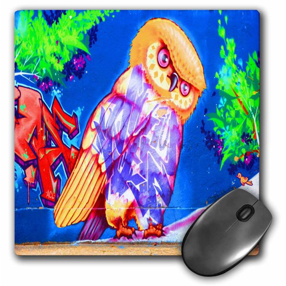 3dRose, Bright colors on a beautiful owl and graffiti wall background, MousePad