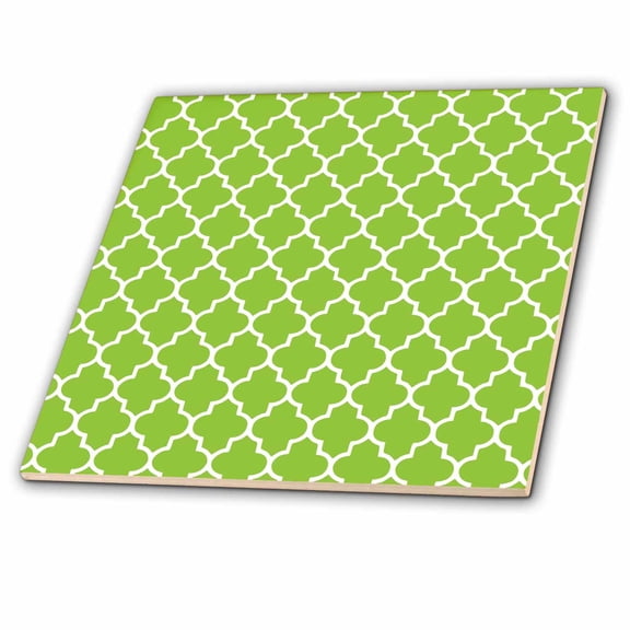 3dRose, Bright green quatrefoil pattern Lime Moroccan tiles retro Islamic art white geometric clover lattice, 4 Inch Glass Tile