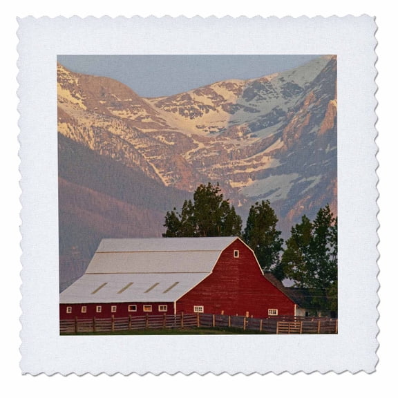 3dRose, Bright red barn against Mission Mountains in Montana - US27 CHA1908 - Chuck Haney, 12x12 inch quilt square