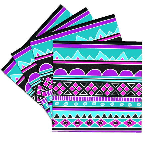 3dRose, Bright tribal pattern - neon blue fluorescent hot pink purple black 80s aztec zigzag patterned rows, Set of 4 Ceramic Tile Coasters