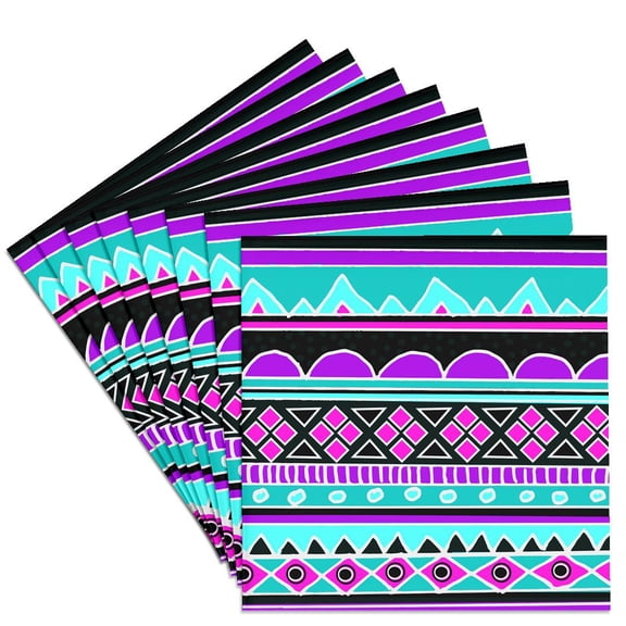3dRose, Bright tribal pattern - neon blue fluorescent hot pink purple black 80s aztec zigzag patterned rows, Set of 8 Ceramic Tile Coasters