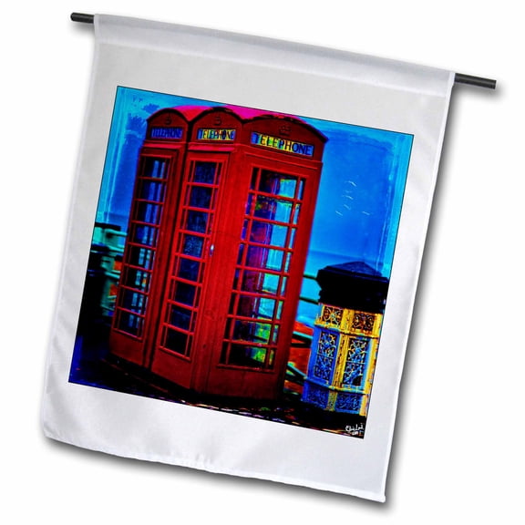 3dRose, British Red Telephone Boxes Blue, 12 x 18 inch Garden Flag