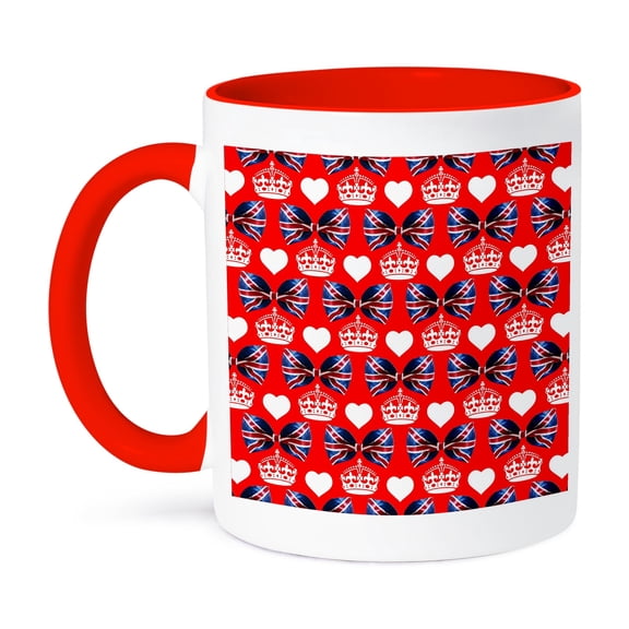 3dRose, British Union Jack Bow Ties, Crowns and Hearts on Red Background, 15oz Two-Tone Red Mug