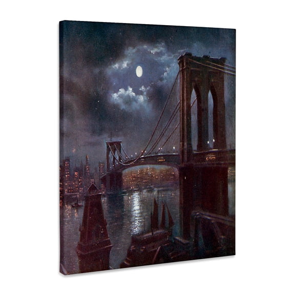 3dRose, Brooklyn Bridge and the River At Night with a Full Moon , Museum Grade Canvas Wrap 8x10