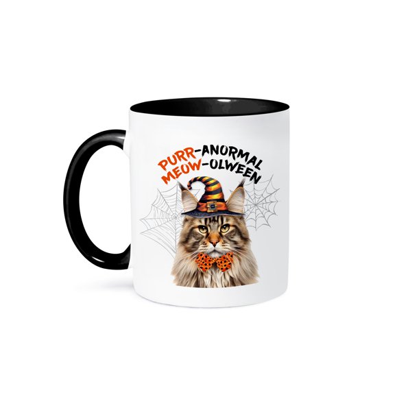 3dRose, Brown Tabby Maine Coon Halloween Wizard Cat, 15oz Two-Tone Black Mug
