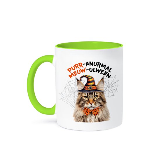 3dRose, Brown Tabby Maine Coon Halloween Wizard Cat, 15oz Two-Tone Green Mug