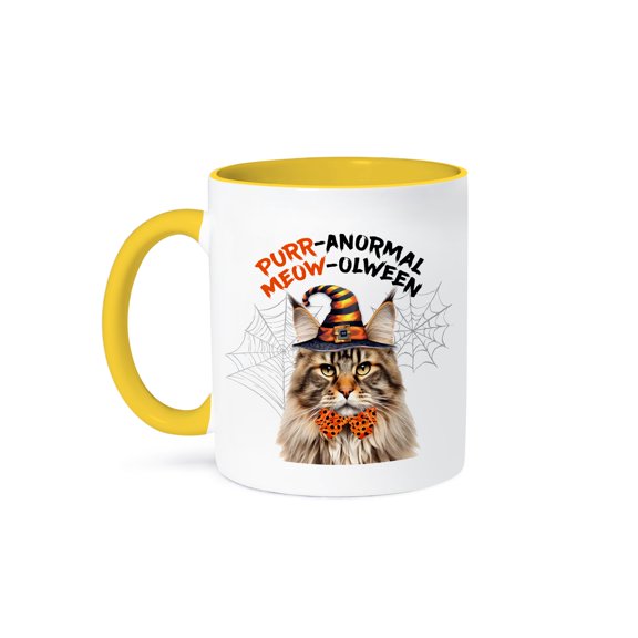 3dRose, Brown Tabby Maine Coon Halloween Wizard Cat, 15oz Two-Tone Yellow Mug
