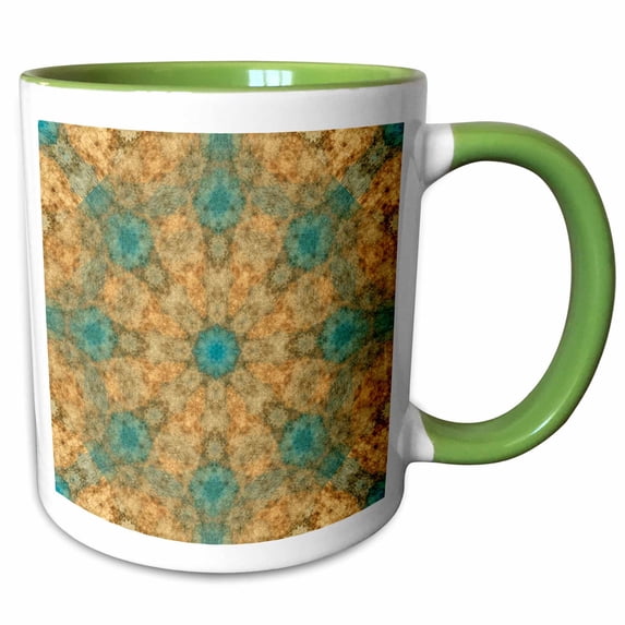 3drose, Brown and Blue Kaleidoscope Abstract., 11oz Two-tone Green Mug