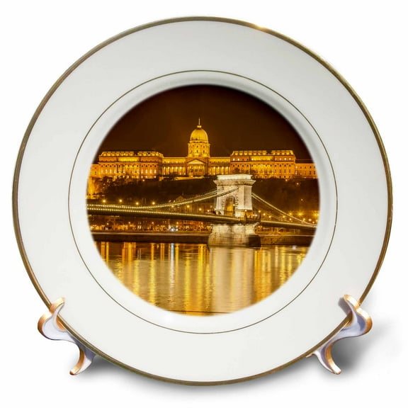 3dRose, Buda Castle. Chain Bridge. Danube River. Budapest. Hungary., 8 inch Porcelain Plate