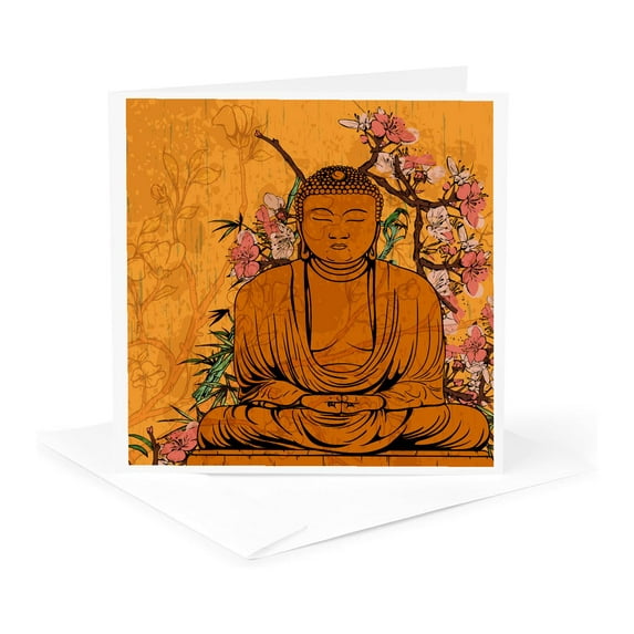 3dRose, Buddha Statue With Lovely Pink Japanese Sakura Blossom Flowers Asian Inspired Gifts, 1 Greeting Card with envelope
