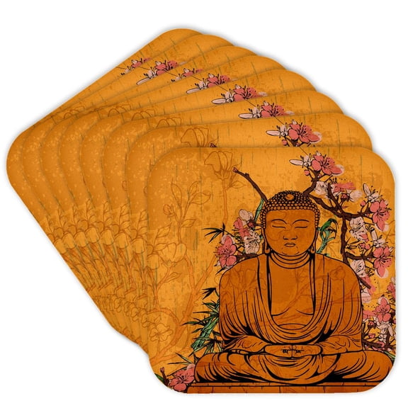 3dRose, Buddha Statue With Lovely Pink Japanese Sakura Blossom Flowers Asian Inspired Gifts, Set of 8 Coasters - Soft