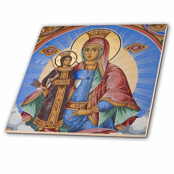 3dRose, Bulgaria, Rila Monastery, UNESCO, frescoes, Jesus and Virgin Mary, 4 Inch Ceramic Tile