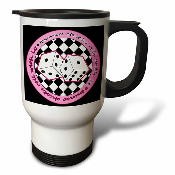 3dRose, Bunco Chicks Roll With It Pink and Black, 14oz Stainless Steel Travel Mug
