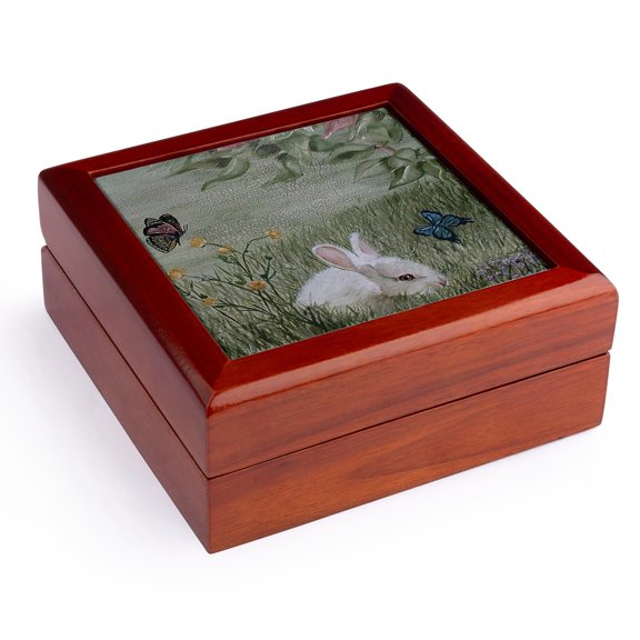 3dRose, Bunny Rabbit in Grass with Butterflies Flying nearby, Jewelry Box 5.5x5.5 inch with 4 inch tile