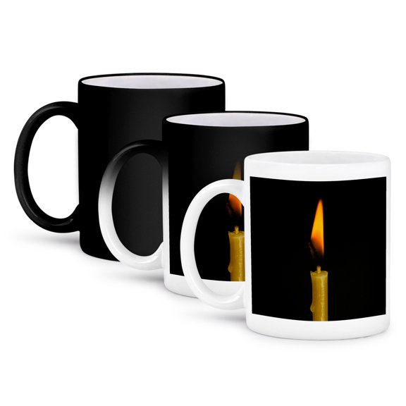 3dRose, Burning wax candle, black background, 11oz Magic Transforming Mug