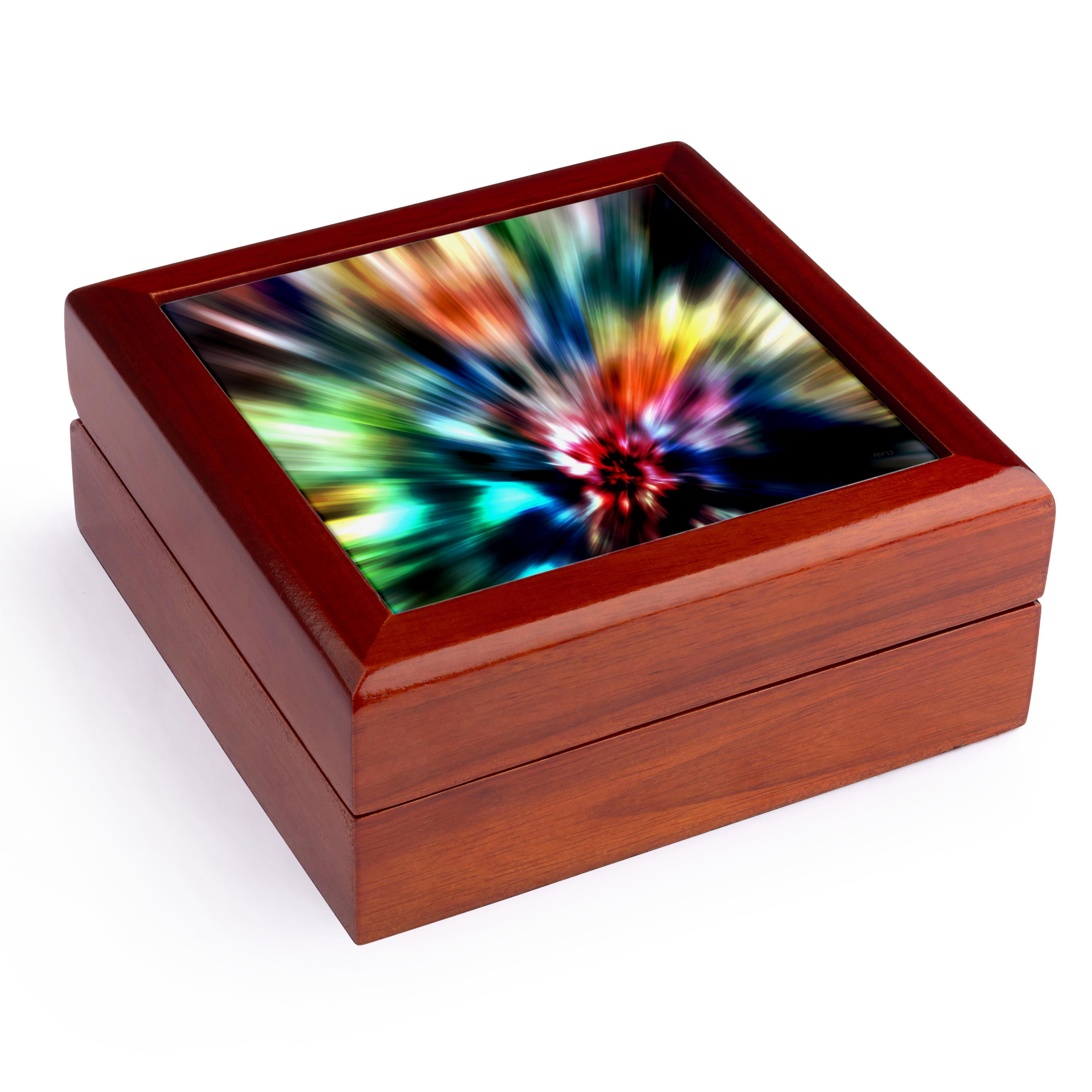 3dRose, Burst of Colors - retro tie dye style of colorful starburst graphic, Jewelry Box 5.5x5.5 inch with 4 inch tile